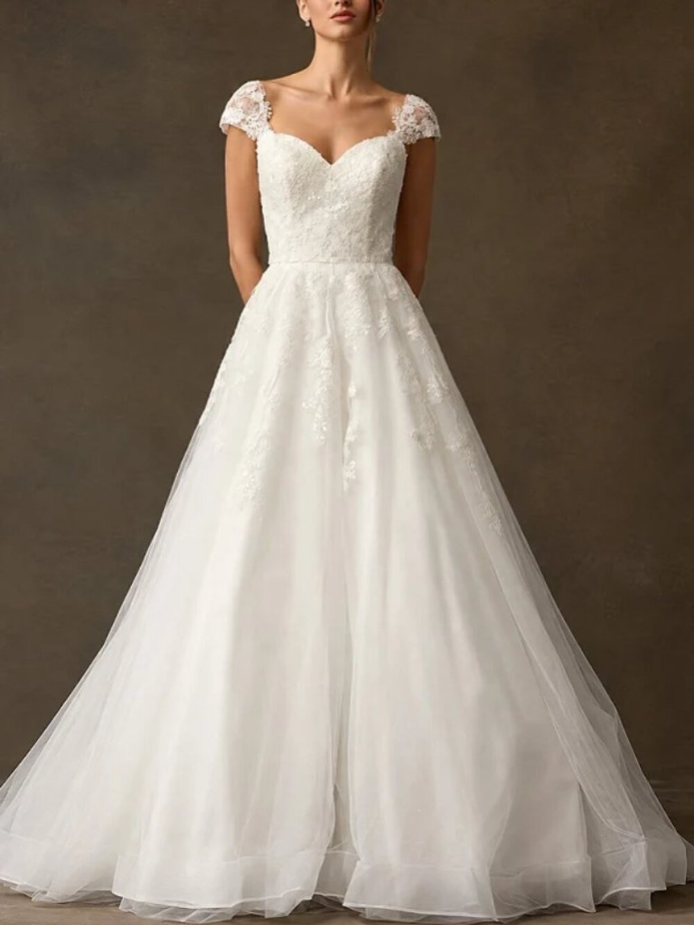WEDDING DRESS, LACE BEADS TULLE CAP SLEEVE BRIDAL NEW LONG BALL GOWN